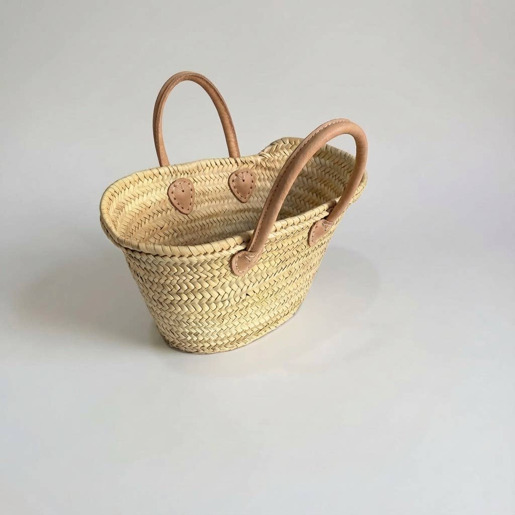 Mini French Market Basket - Woven Straw Leather Tote Bag