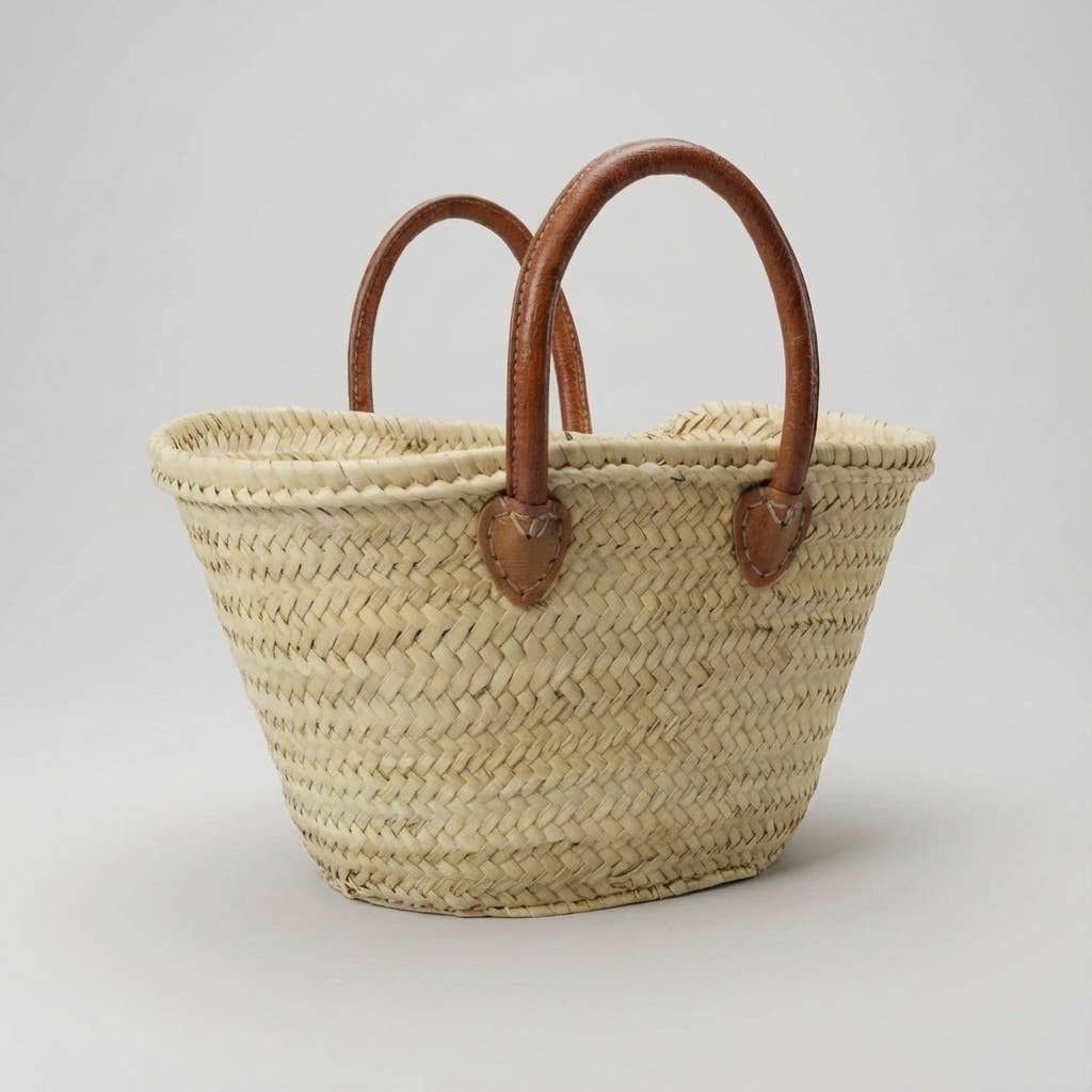 Mini French Market Basket - Woven Straw Leather Tote Bag