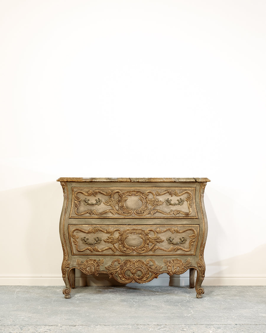 Marble Carved Demilune Bombe Bowed Green Chest