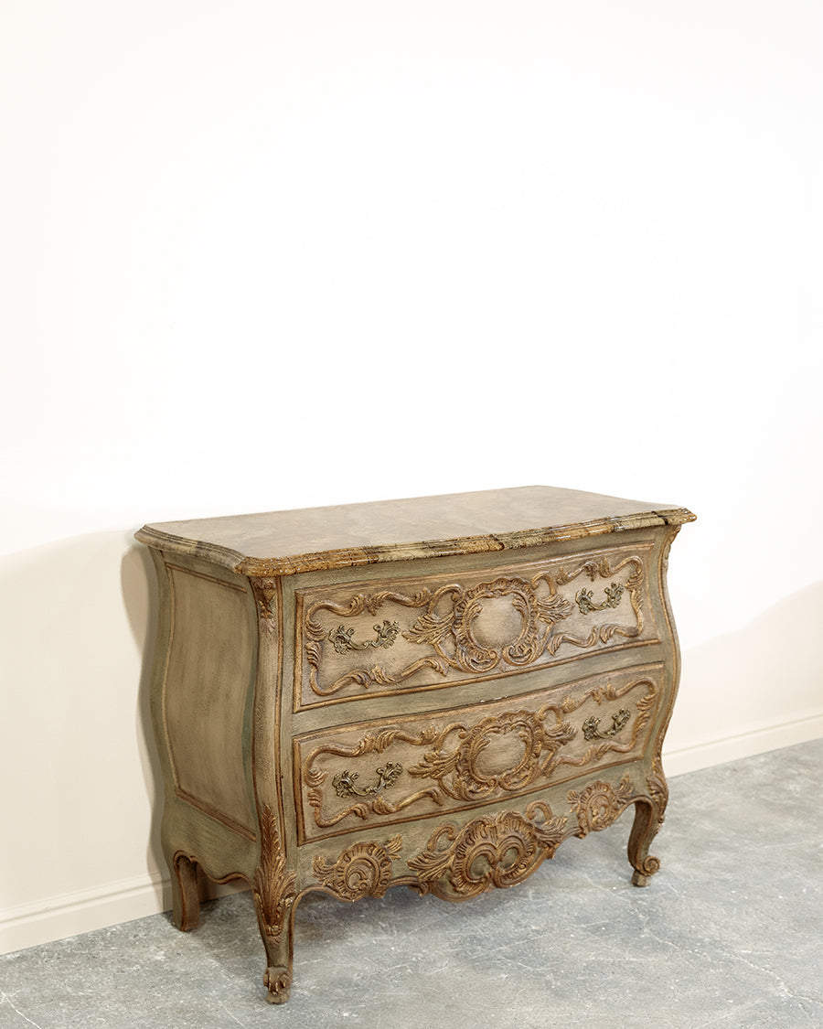 Marble Carved Demilune Bombe Bowed Green Chest