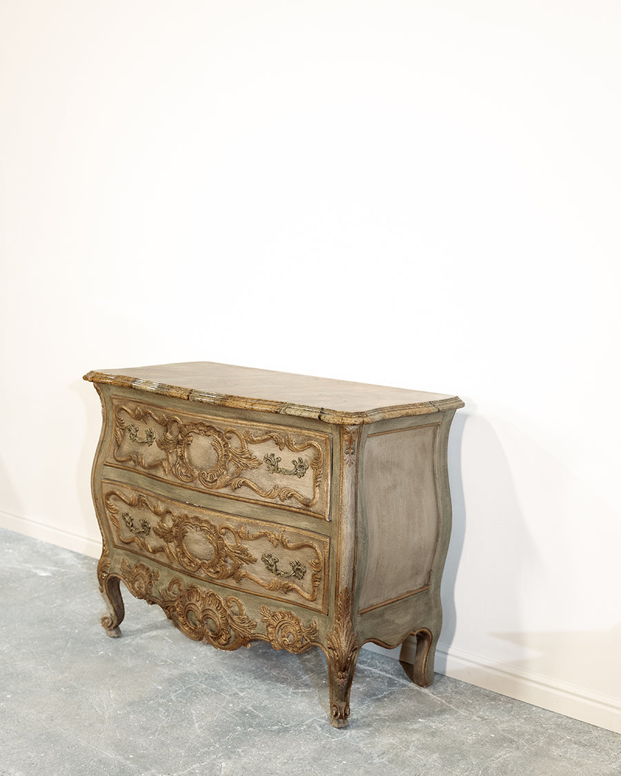 Marble Carved Demilune Bombe Bowed Green Chest