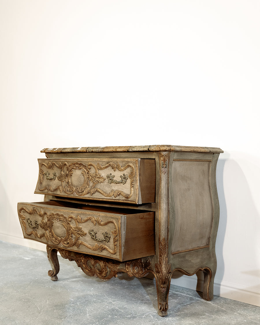 Marble Carved Demilune Bombe Bowed Green Chest