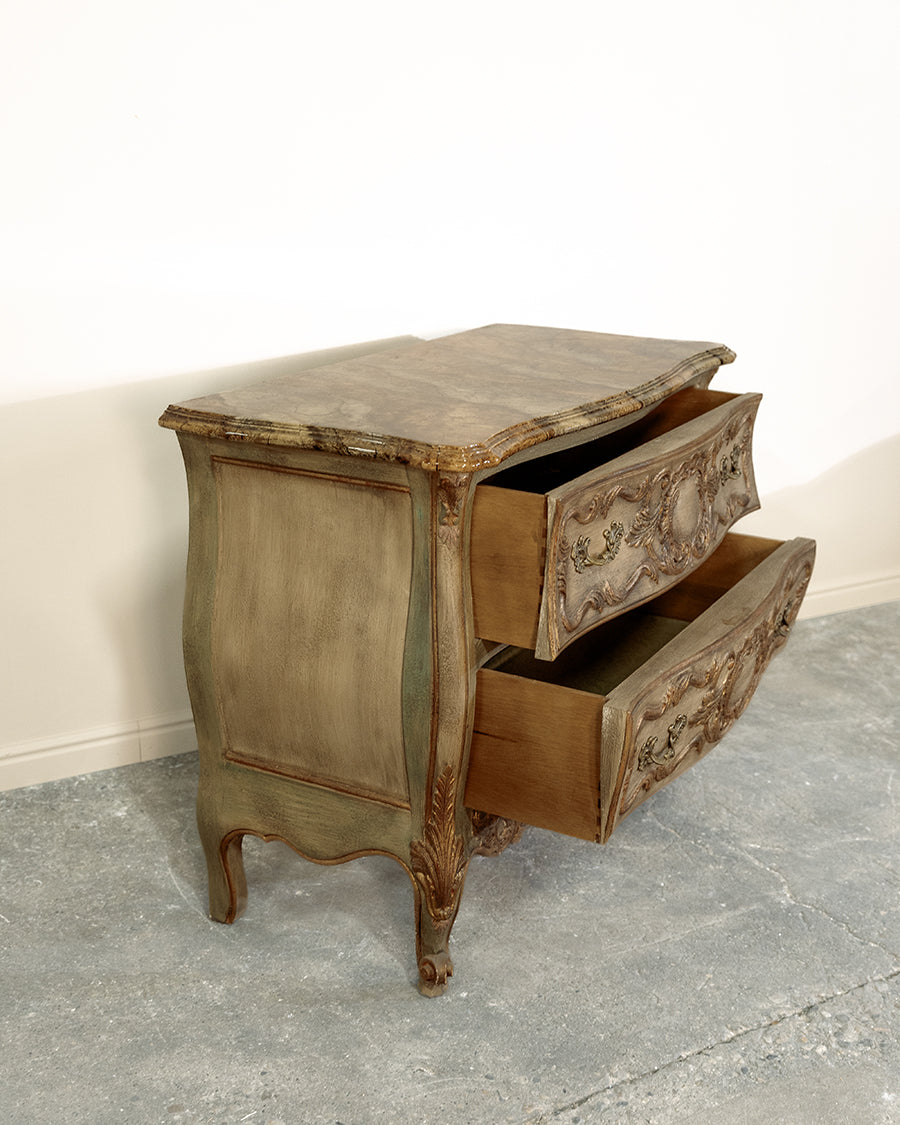 Marble Carved Demilune Bombe Bowed Green Chest