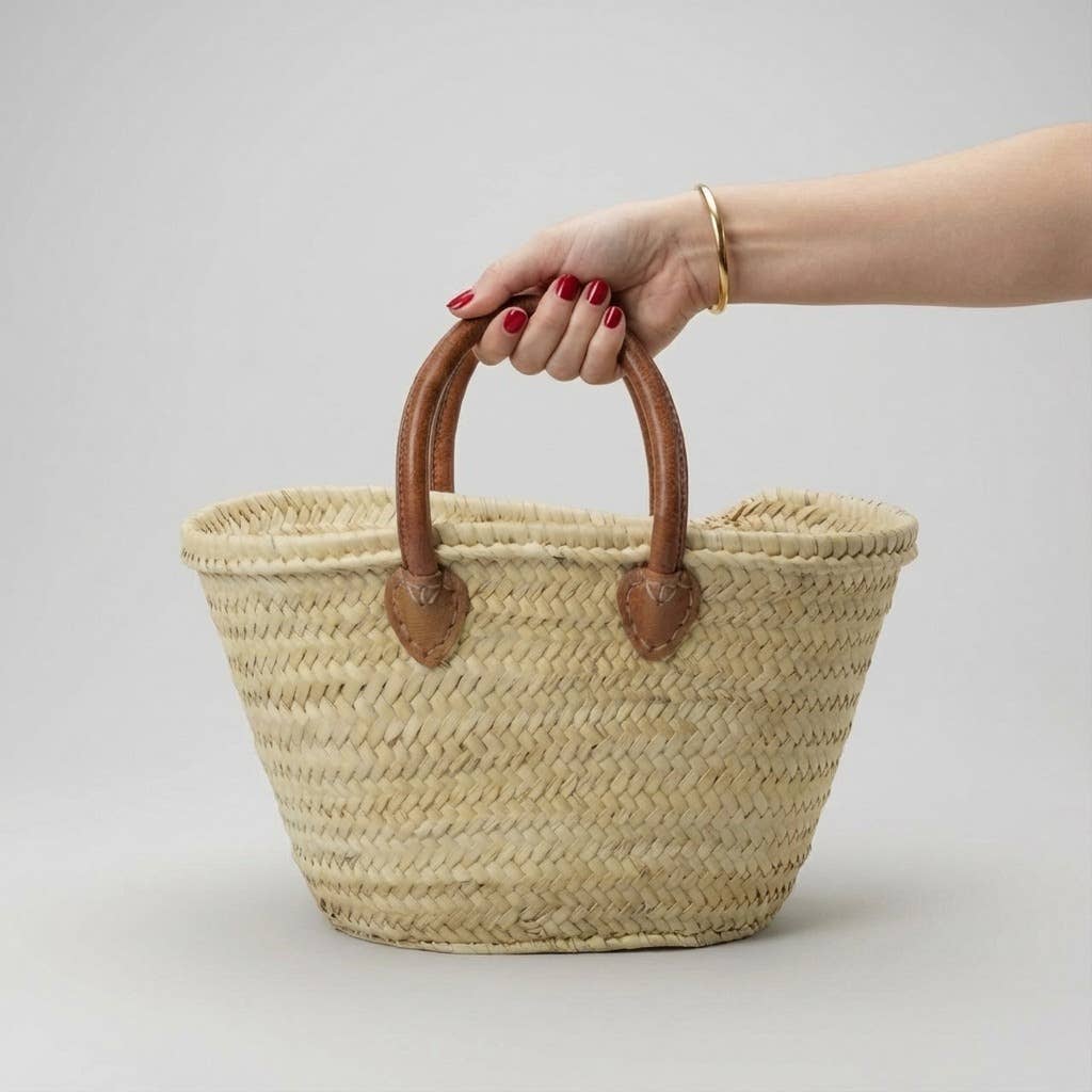 Mini French Market Basket - Woven Straw Leather Tote Bag