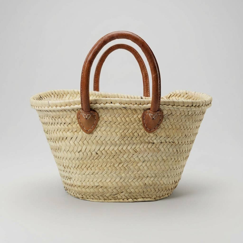 Mini French Market Basket - Woven Straw Leather Tote Bag
