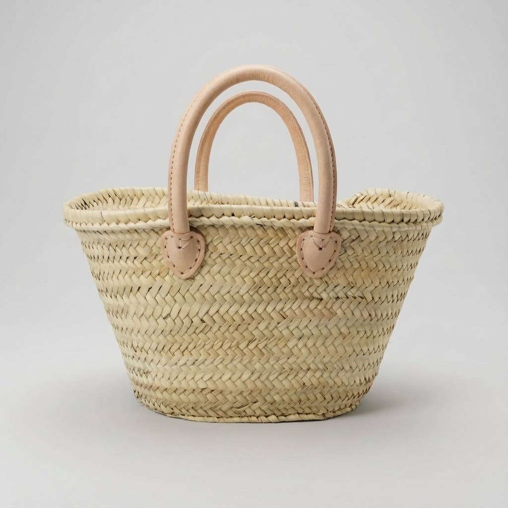 Mini French Market Basket - Woven Straw Leather Tote Bag
