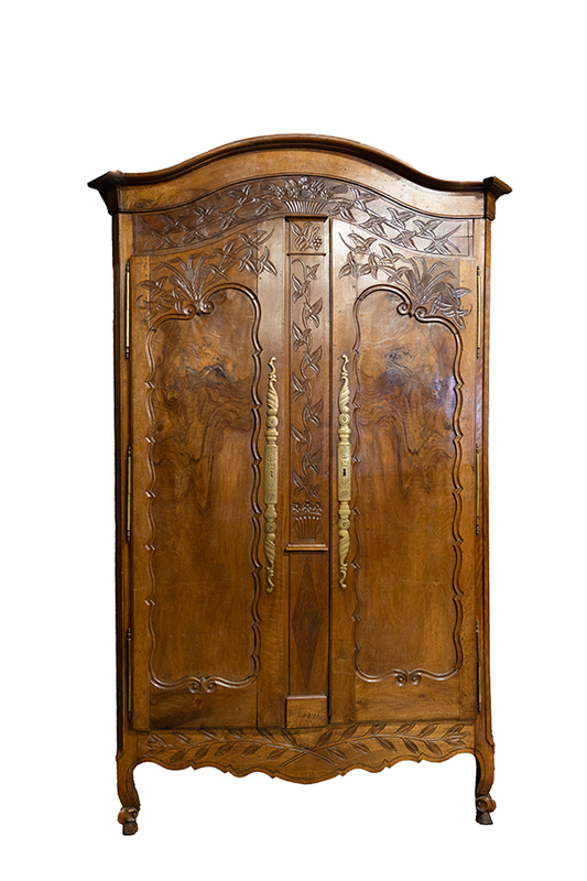 French Louis XV Burled Wood Wardrobe w/ Grape & Leaf Carvings