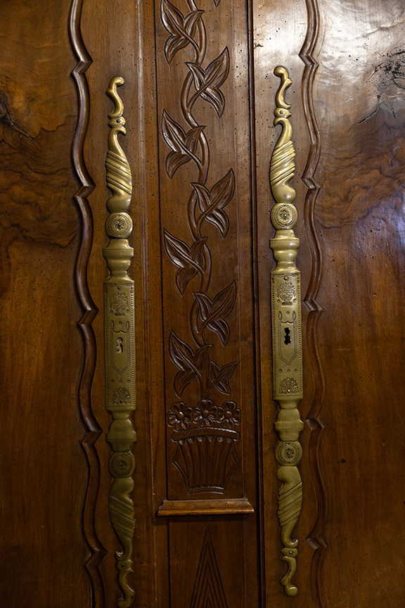 French Louis XV Burled Wood Wardrobe w/ Grape & Leaf Carvings